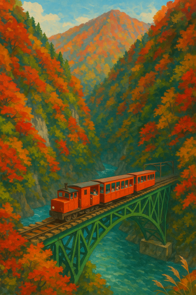 紅葉の渓谷をゆくトロッコ列車
