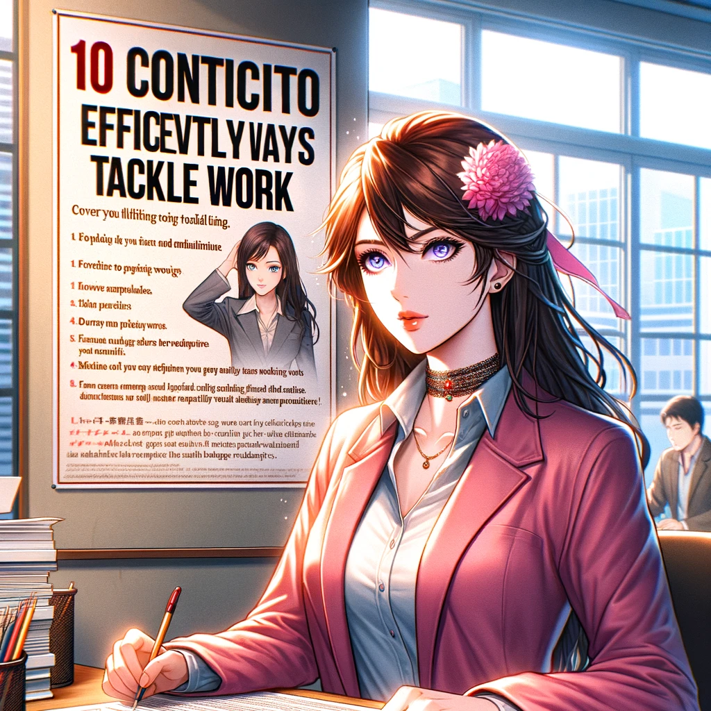 「仕事に集中するための10の対処法」のポスターと女性