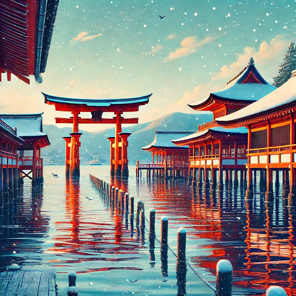 広島県・厳島神社――潮が満ちる、冬の海に浮かぶ社