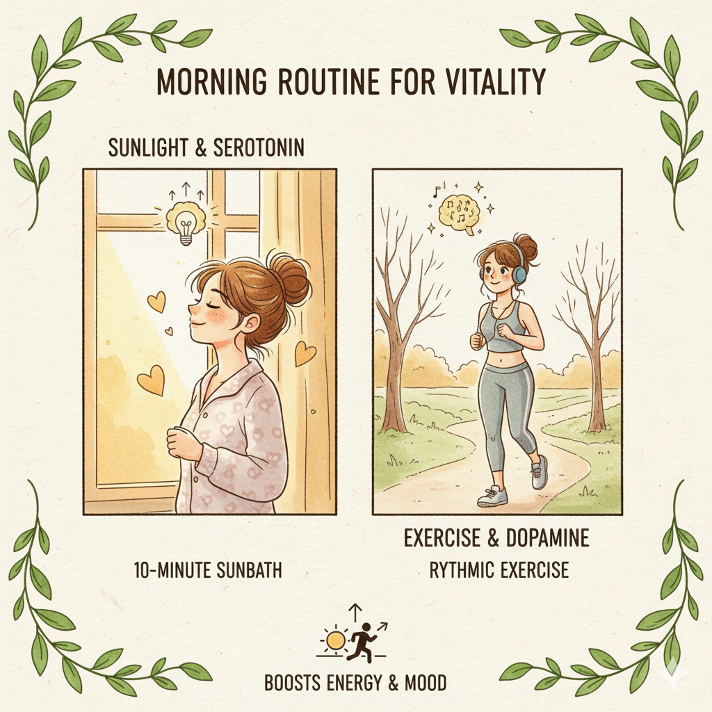 🌞 朝の光浴び(セロトニン):
起床後すぐに、10分間の日光浴を行う習慣を徹底します。セロトニン分泌を促し、心の活力を高めます。
🚶 リズム運動(ドーパミン):
音楽を聴きながらのウォーキングや、軽いジョギングなど、一定のリズムを刻む運動を毎日行いましょう。セロトニンとドーパミンの両方を活性化させます。