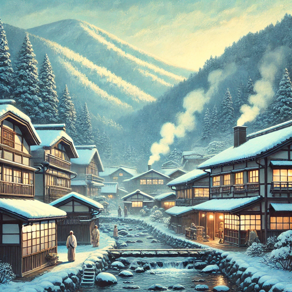 冬の山間にある温泉地